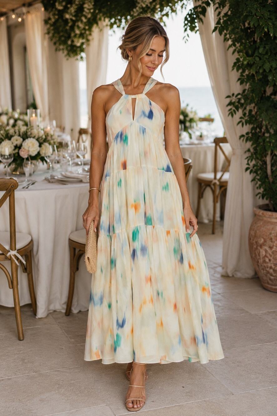 Joie Tie Dye Halter Maxi Dress Women’s Med Cream Multicolor Tiered Boho Cotton